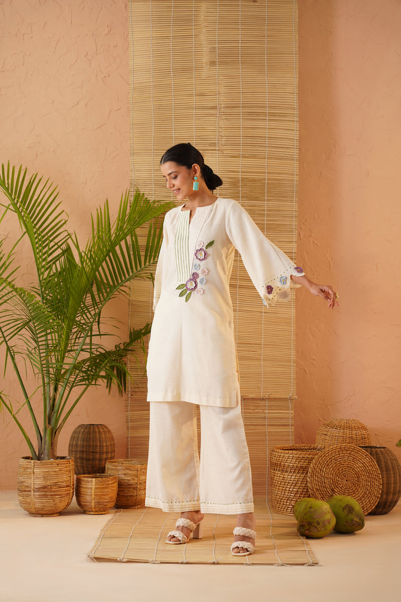 Cream Floral Applique Tunic Set