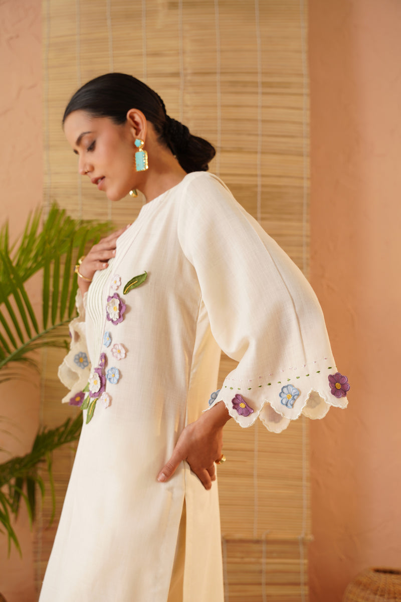 Cream Floral Applique Tunic Set