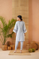 Blue Applique Embroidery Dhoti Set