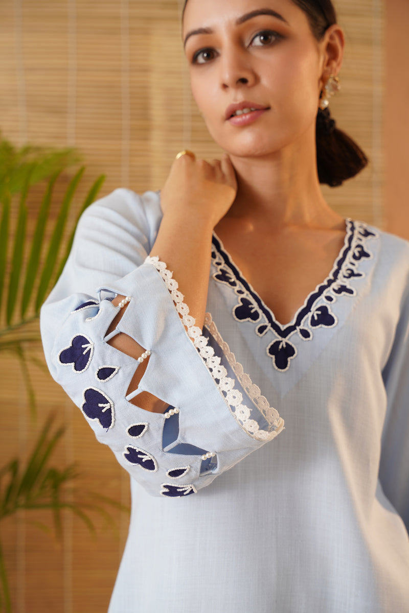 Blue Applique Embroidery Dhoti Set