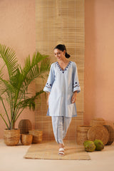 Blue Applique Embroidery Dhoti Set