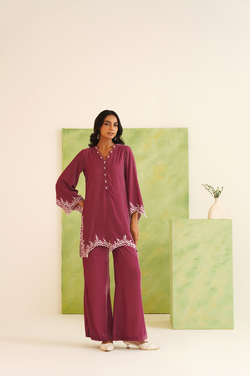 Mauve Velvet Cutwork Embroidered Tunic Set