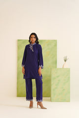 Navy Velvet Cut-Work Collared Tunic Set