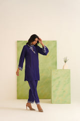 Navy Velvet Cut-Work Collared Tunic Set