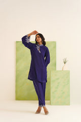 Navy Velvet Cut-Work Collared Tunic Set