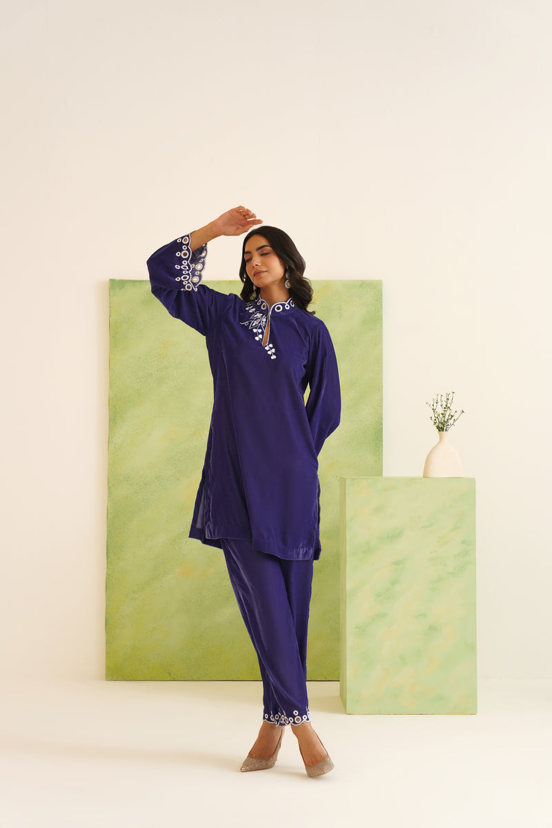 Navy Velvet Cut-Work Collared Tunic Set