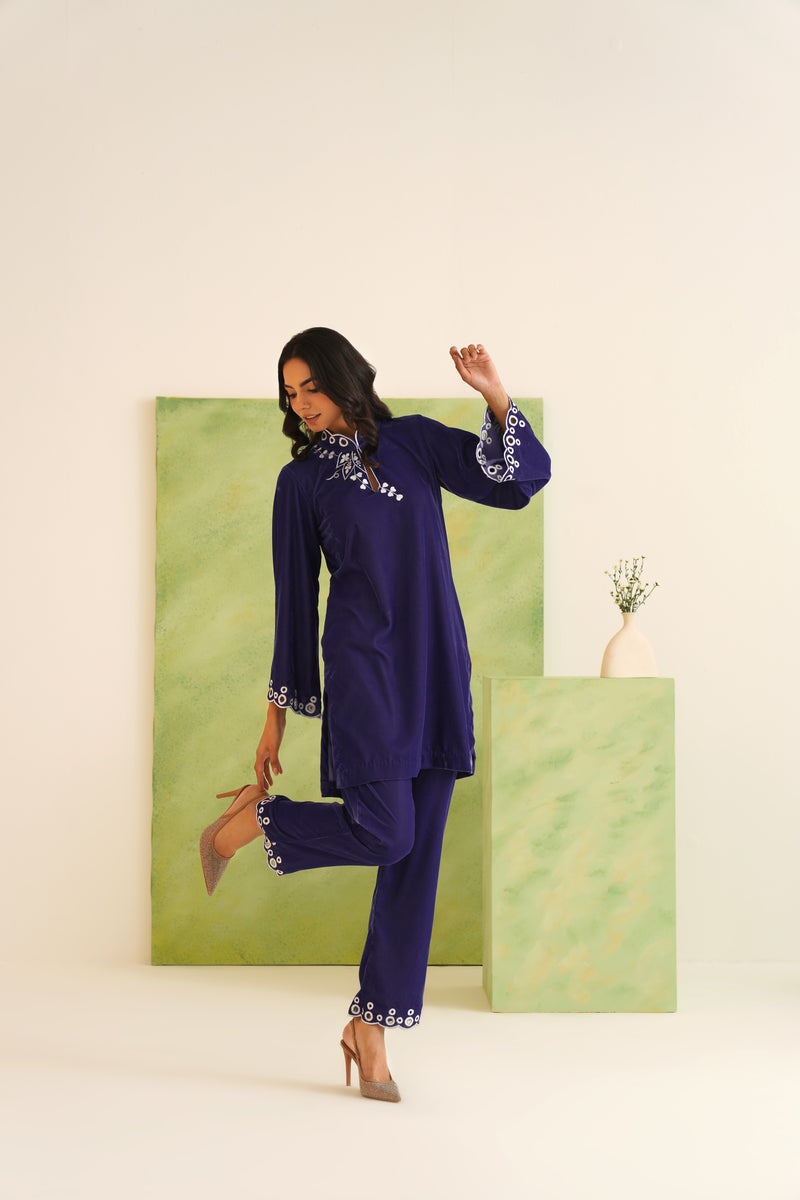 Navy Velvet Cut-Work Collared Tunic Set