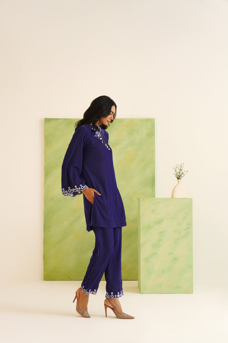 Navy Velvet Cut-Work Collared Tunic Set