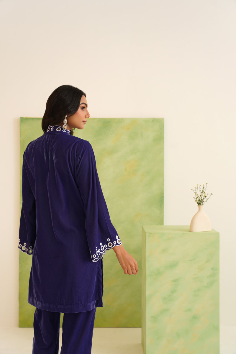 Navy Velvet Cut-Work Collared Tunic Set