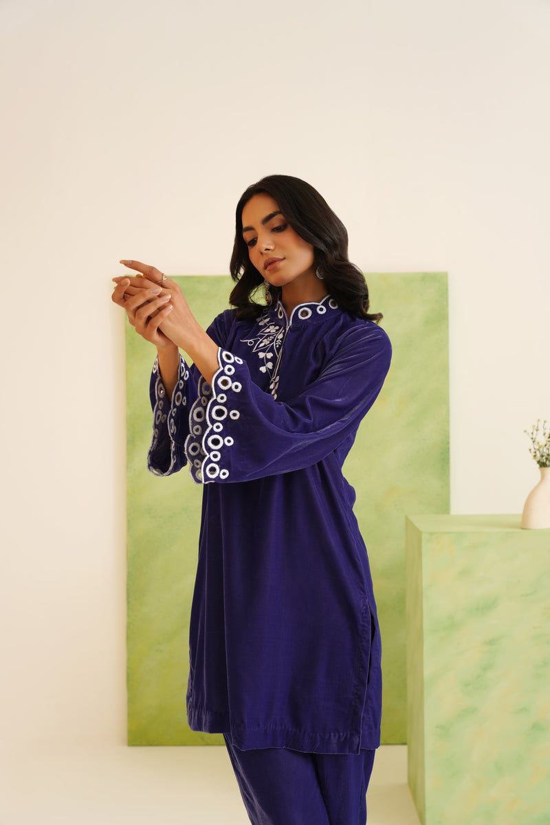 Navy Velvet Cut-Work Collared Tunic Set