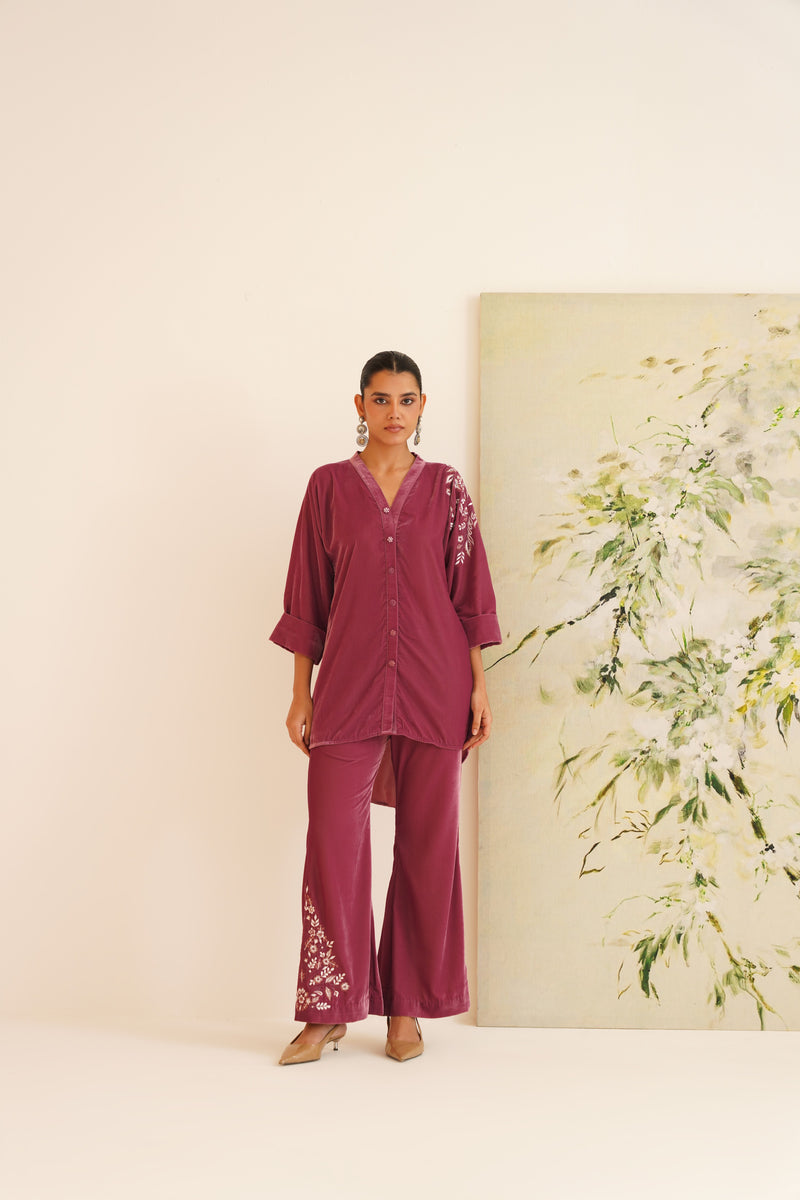 Mauve Shoulder Embroidered Velvet Co-ord Set