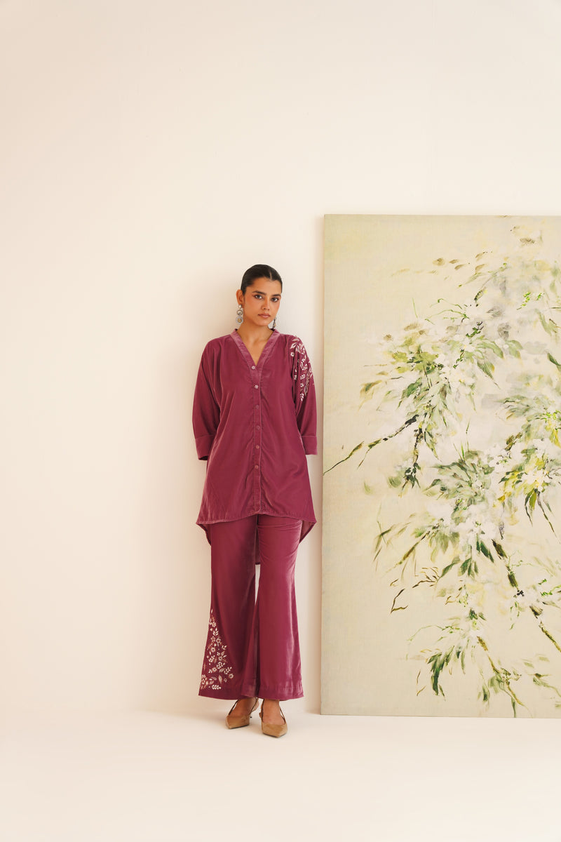 Mauve Shoulder Embroidered Velvet Co-ord Set