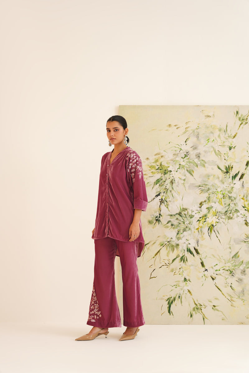 Mauve Shoulder Embroidered Velvet Co-ord Set