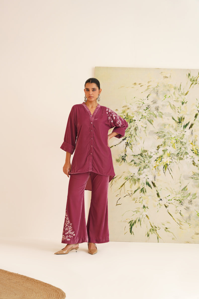 Mauve Shoulder Embroidered Velvet Co-ord Set