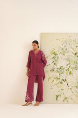 Mauve Shoulder Embroidered Velvet Co-ord Set