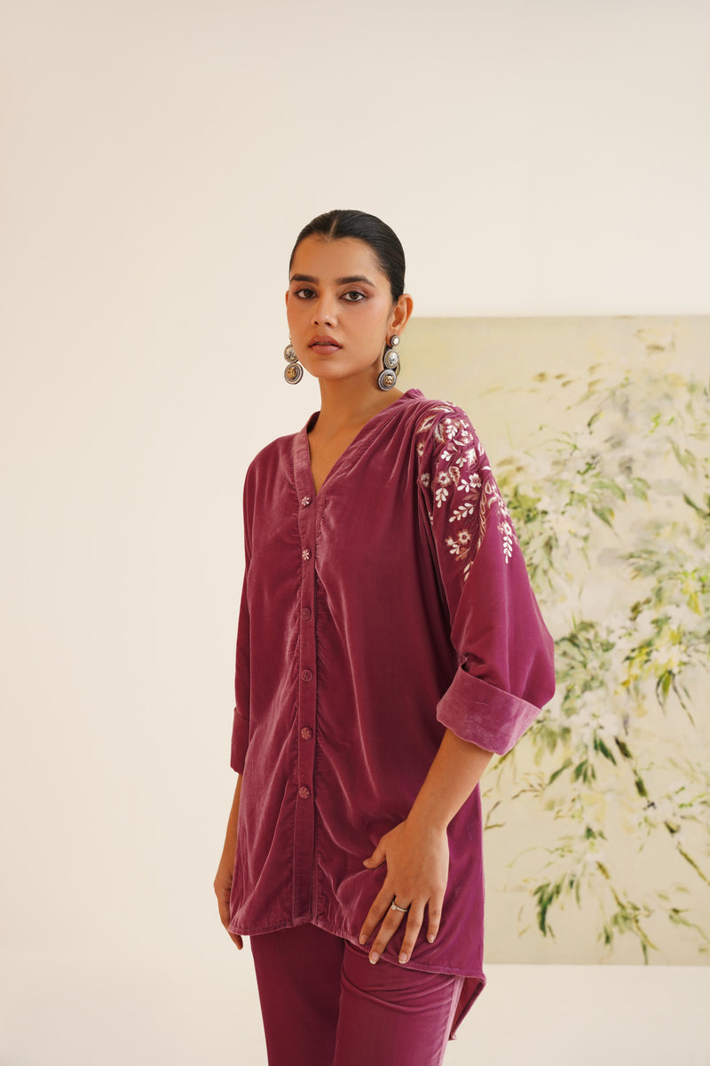 Mauve Shoulder Embroidered Velvet Co-ord Set