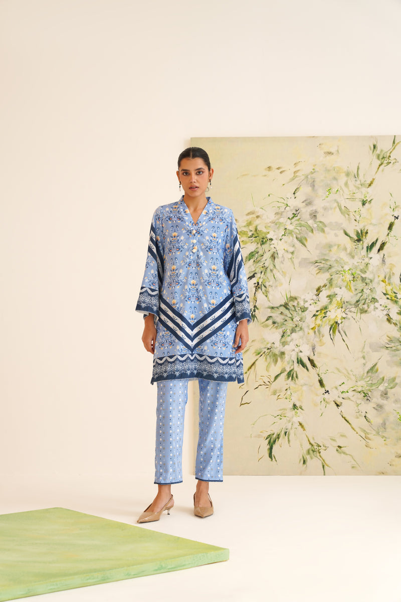 Blue Stripe Floral Print Velvet Tunic Set