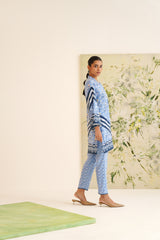 Blue Stripe Floral Print Velvet Tunic Set