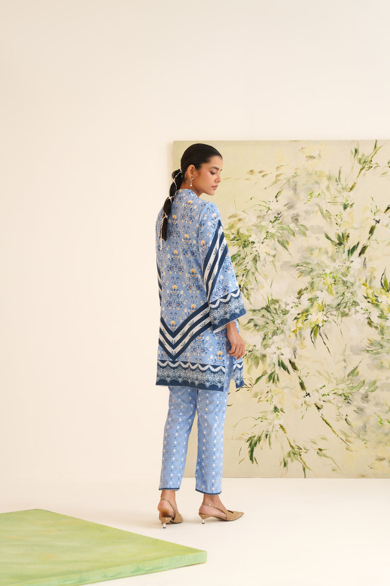 Blue Stripe Floral Print Velvet Tunic Set