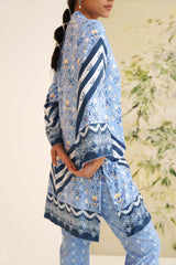 Blue Stripe Floral Print Velvet Tunic Set