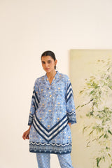 Blue Stripe Floral Print Velvet Tunic Set