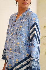 Blue Stripe Floral Print Velvet Tunic Set