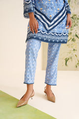 Blue Stripe Floral Print Velvet Tunic Set