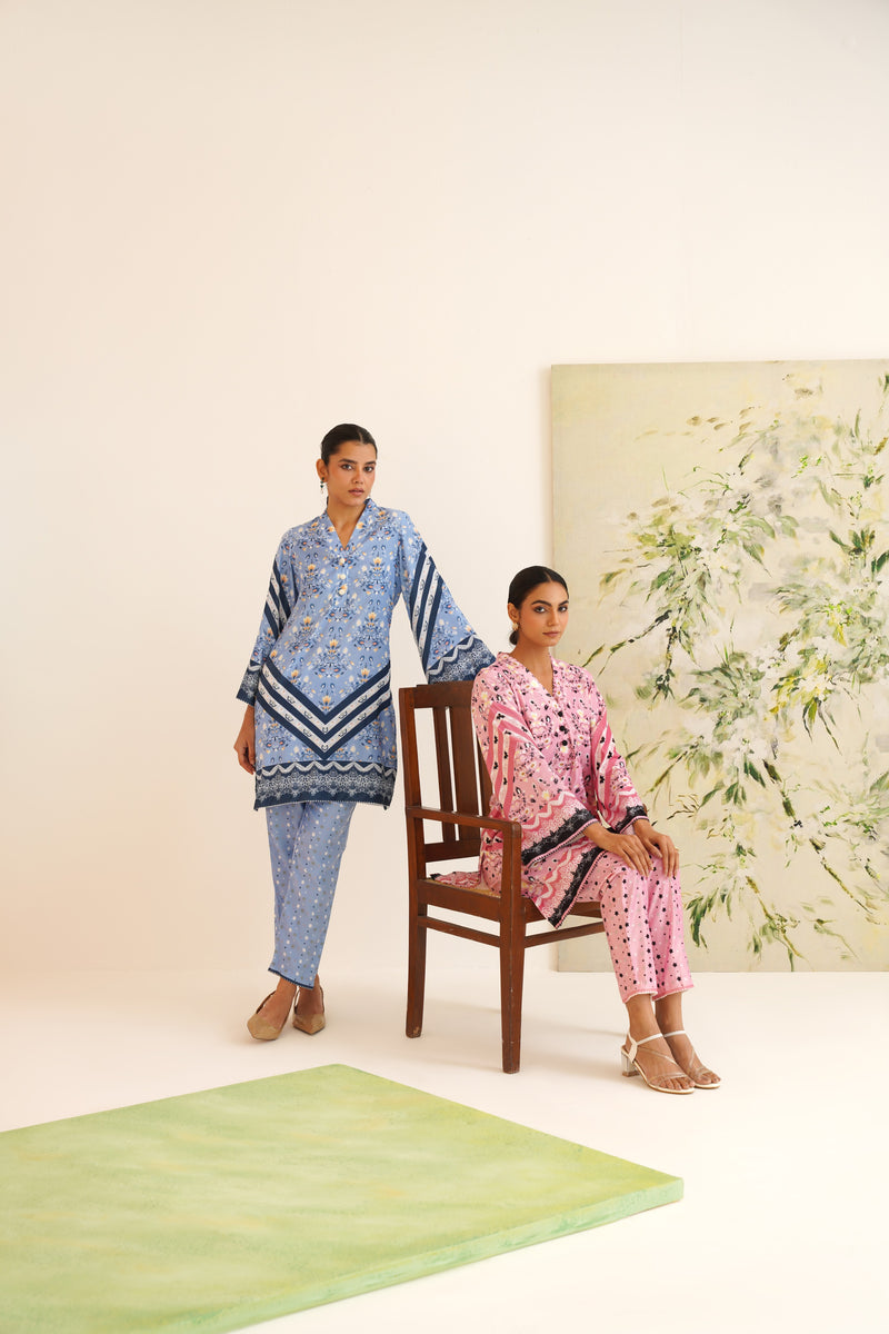 Blue Stripe Floral Print Velvet Tunic Set