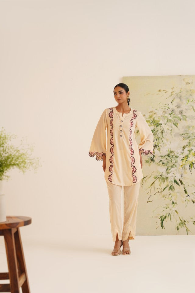 Beige Contrast Embroidered Velvet Co-ord Set
