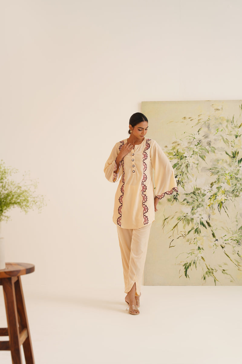 Beige Contrast Embroidered Velvet Co-ord Set