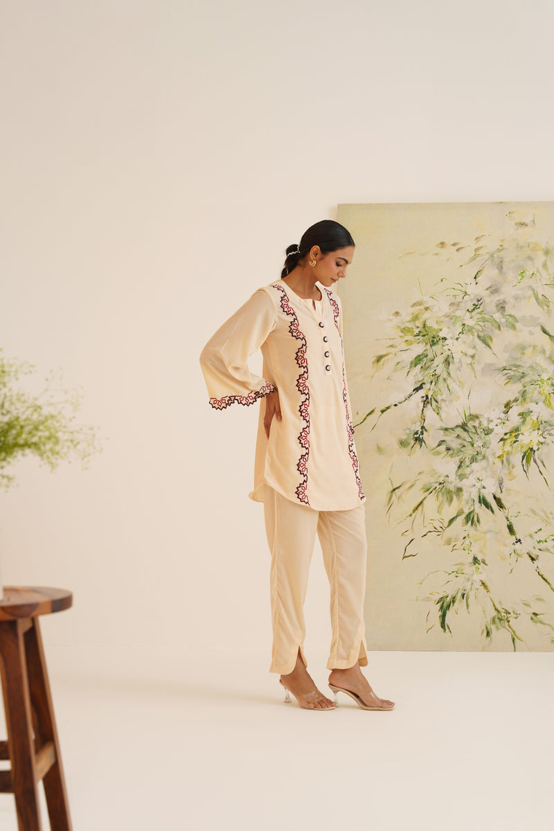 Beige Contrast Embroidered Velvet Co-ord Set