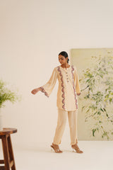 Beige Contrast Embroidered Velvet Co-ord Set