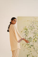 Beige Contrast Embroidered Velvet Co-ord Set