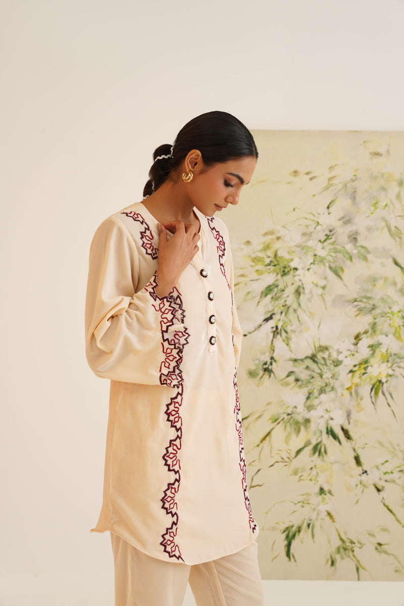 Beige Contrast Embroidered Velvet Co-ord Set