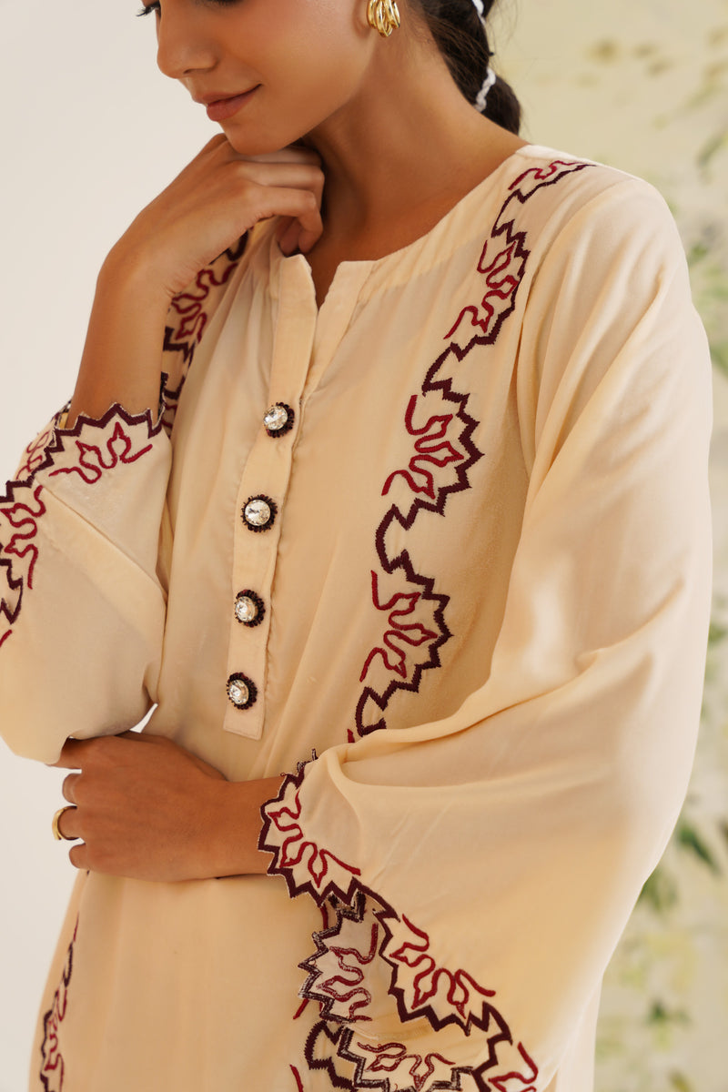 Beige Contrast Embroidered Velvet Co-ord Set