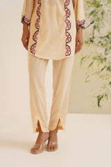 Beige Contrast Embroidered Velvet Co-ord Set