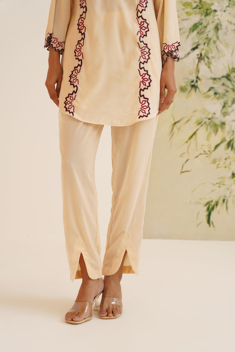 Beige Contrast Embroidered Velvet Co-ord Set