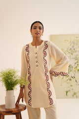 Beige Contrast Embroidered Velvet Co-ord Set