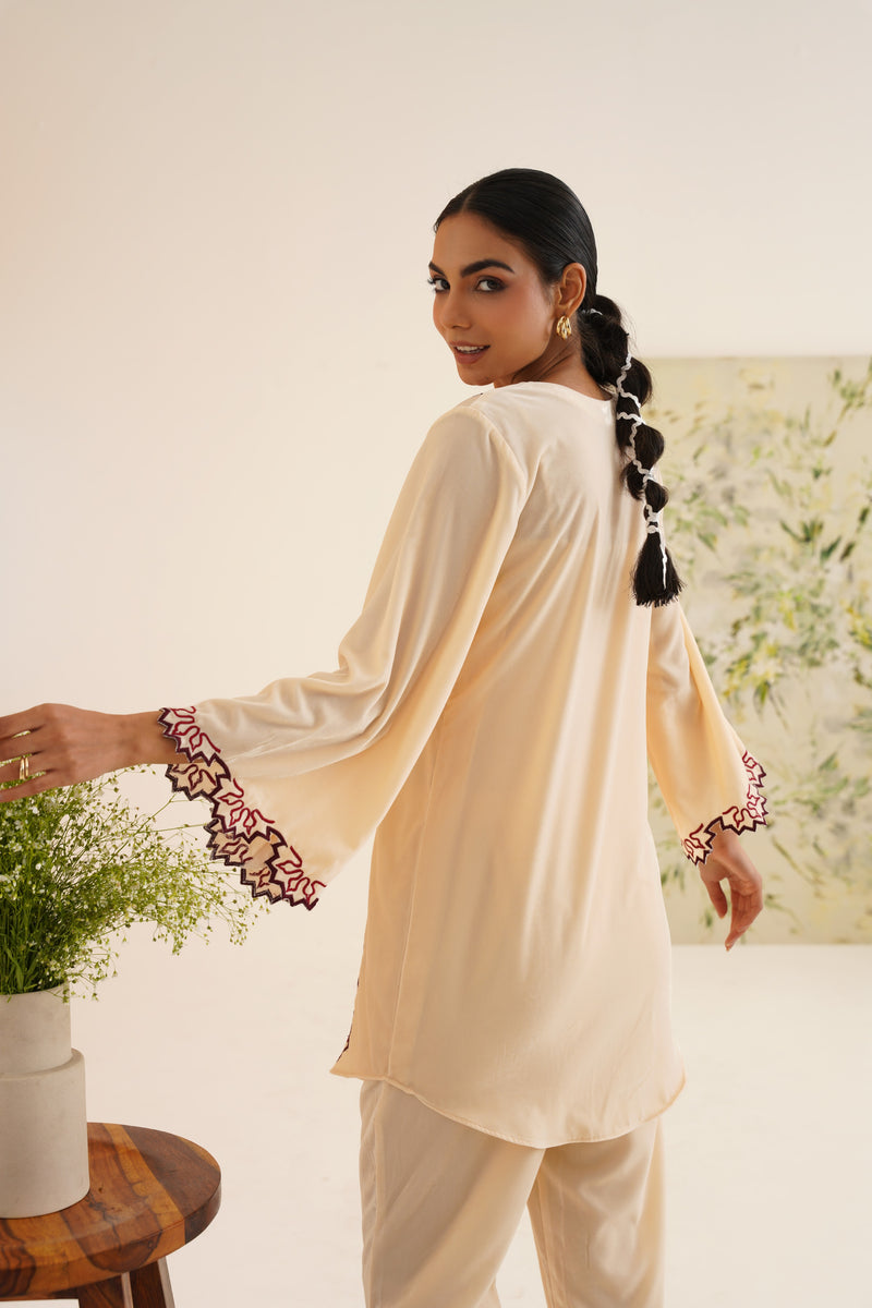 Beige Contrast Embroidered Velvet Co-ord Set