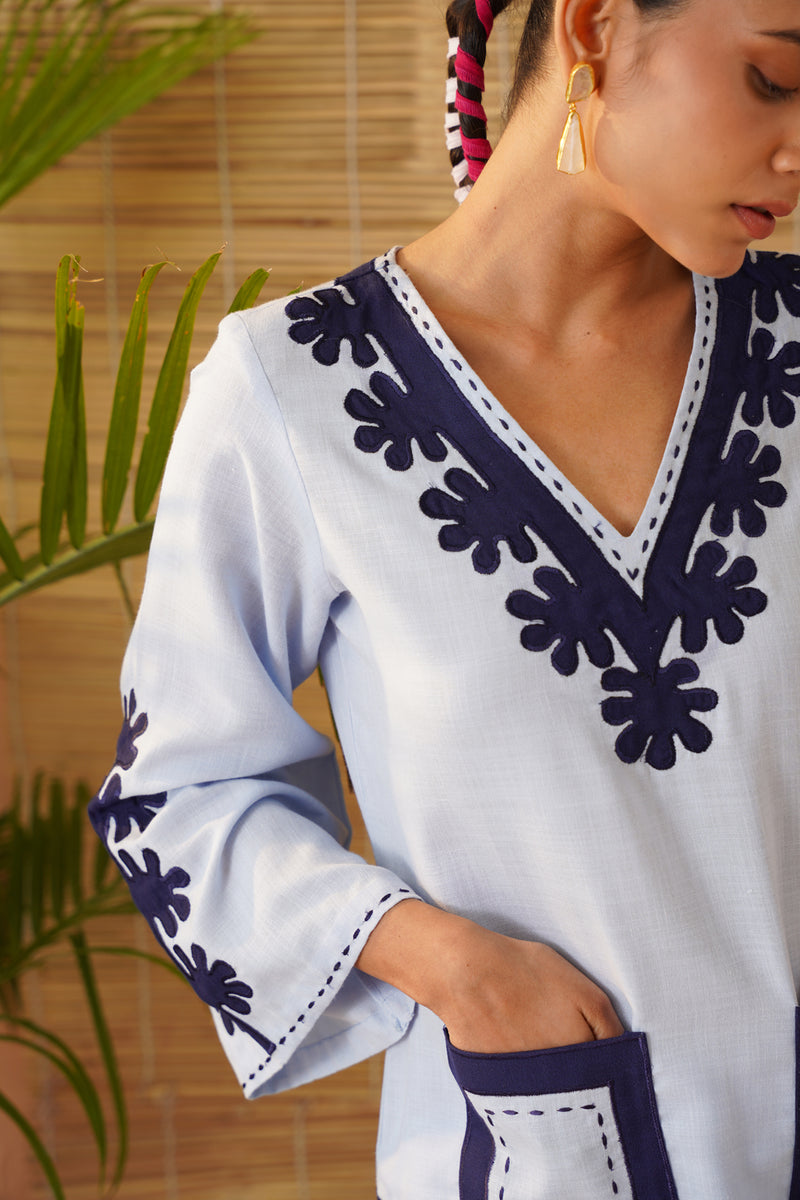 Blue Applique Pocket Tunic Set