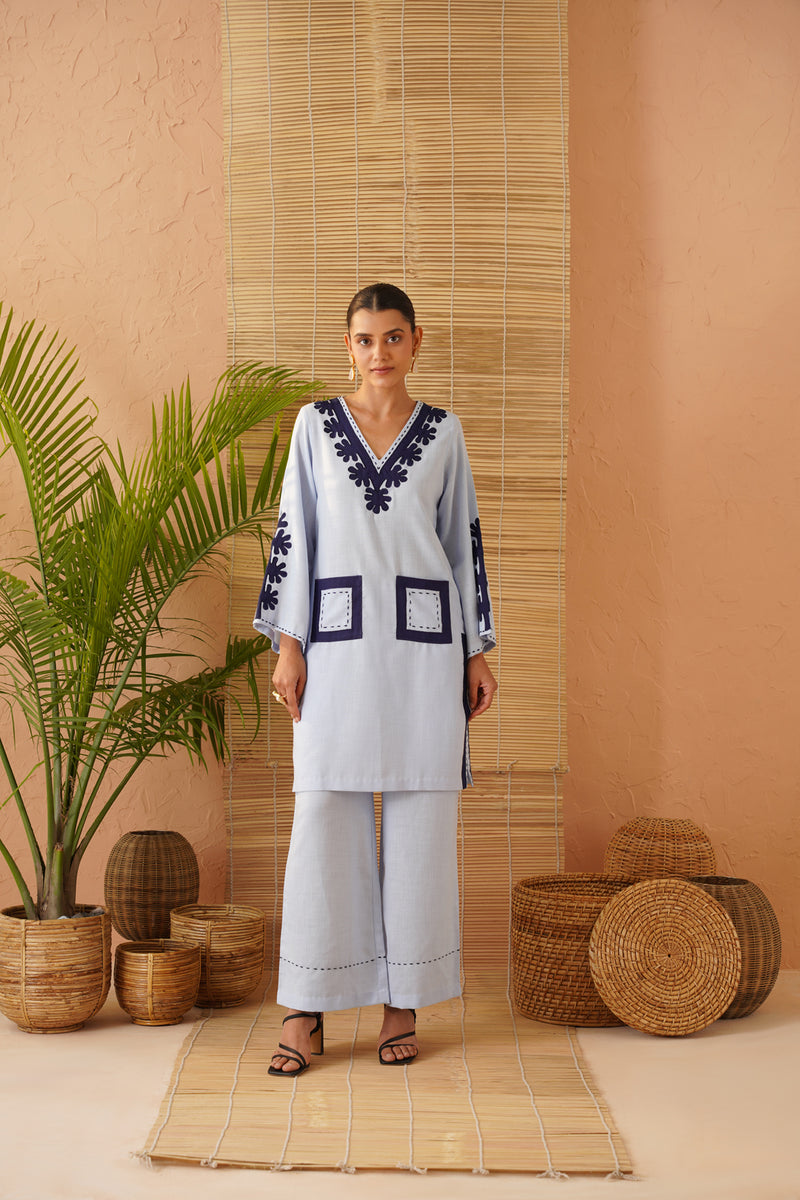 Blue Applique Pocket Tunic Set